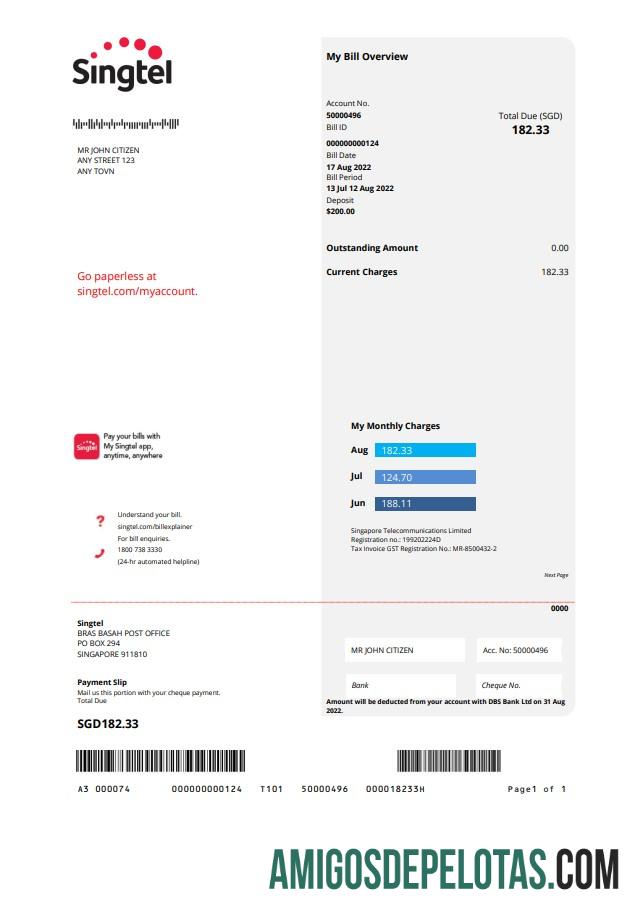 Em branco modelo de conta de serviços públicos Singtel dos EUA em formato Word e PDF